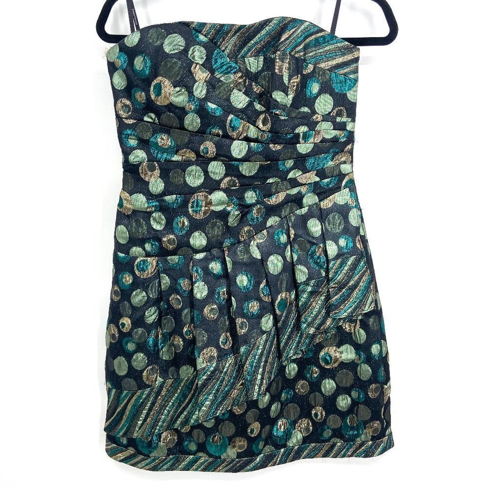 PHOEBE COUTURE Green Gold Metallic Asymmetrical Strapless Mini Dress Size 4